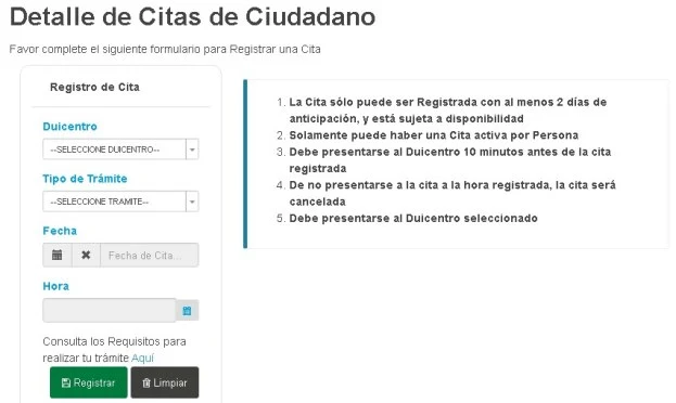 Formulario cita para dui
