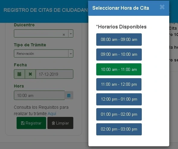 Seleccionar hora cita